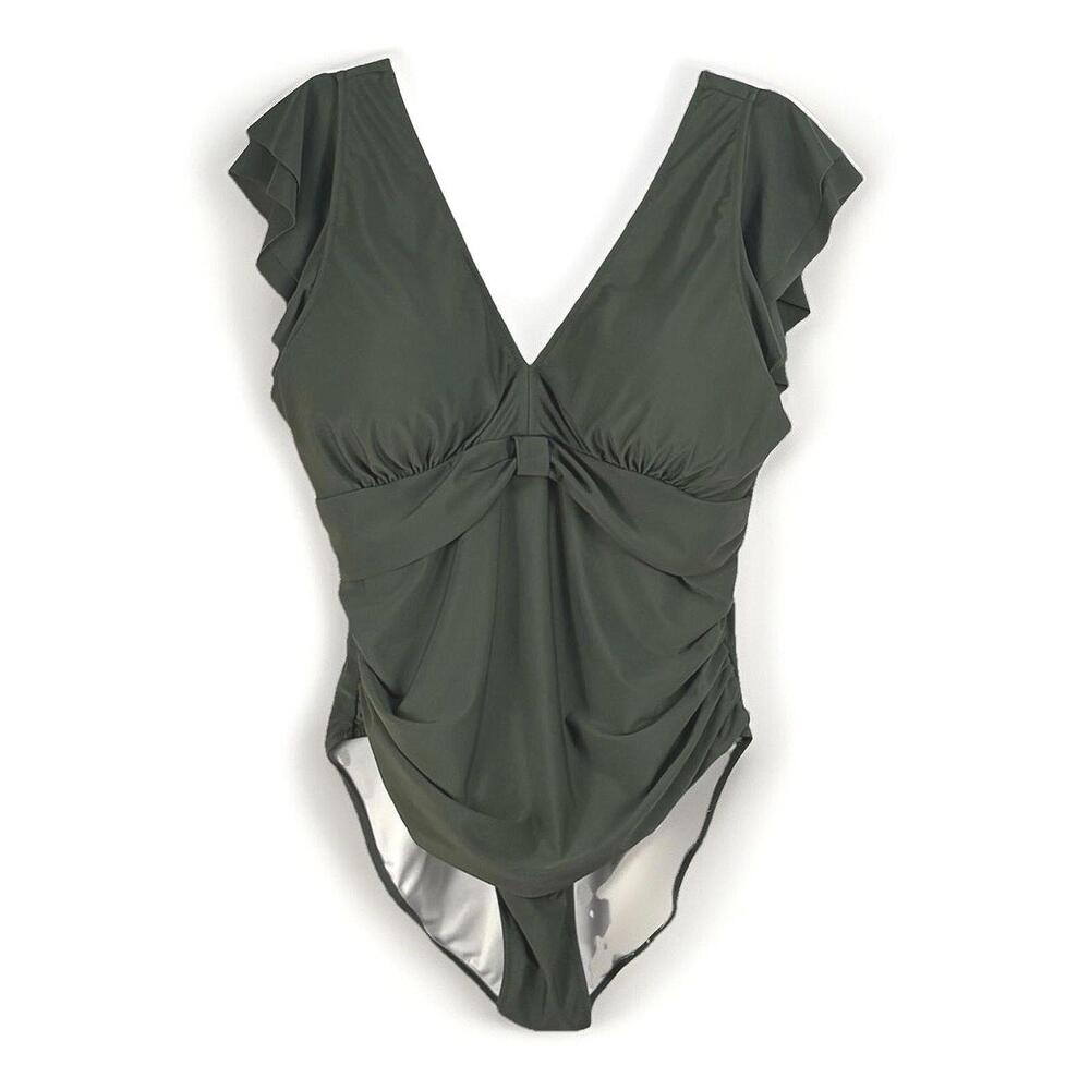Ruched V-Neck One-Piece Swimsuit in Olive Green